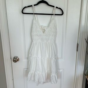 White Bohemian Tiered Mini Dress with Lace and Open Back, Bow
